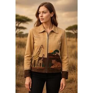 Quacker Factory Jacket NWT Womens M Brown Suede Leather Safari Embroidered